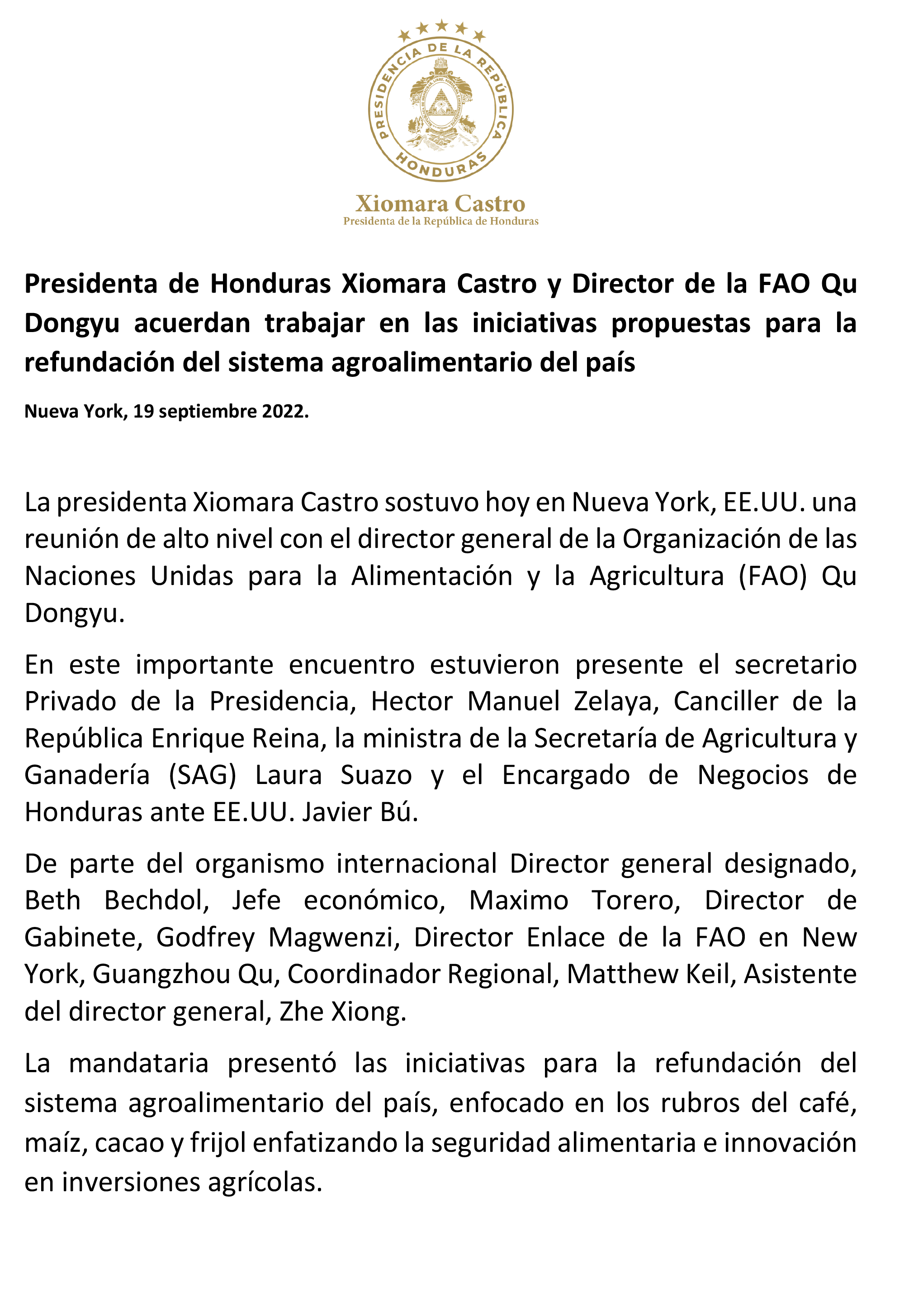 Presidenta Xiomara Castro reitera su compromiso a seguir solicitando la redesignación de un TPS para hondureños en EE.UU.